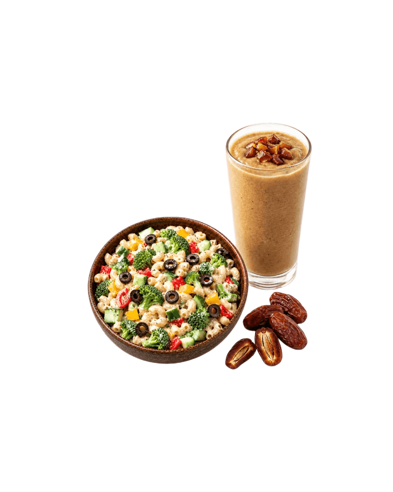 Broccoli Millet Pasta Salad with Dates Smoothie
