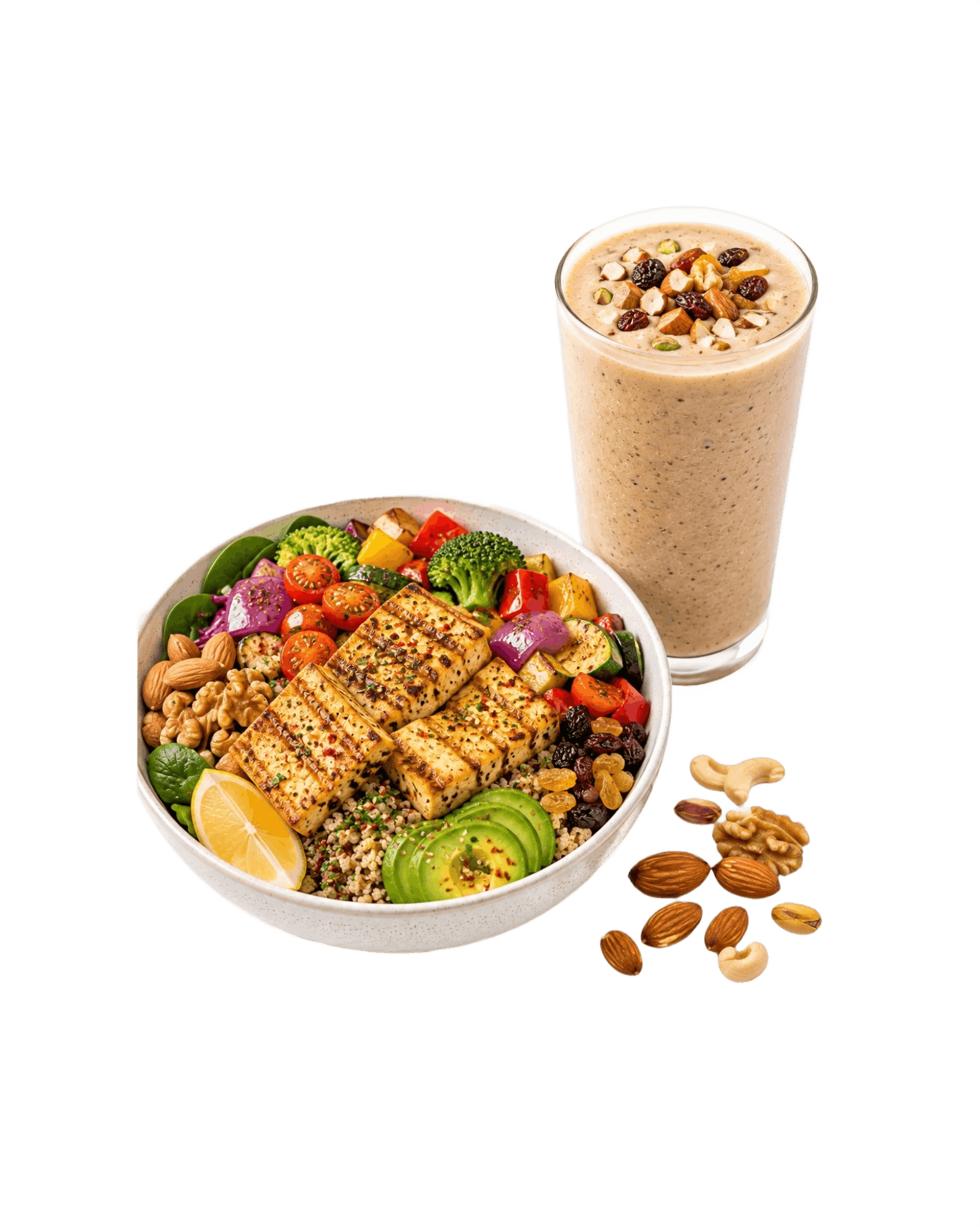 Paneer Steak Bowl with Dry Fruits and nuts Smoothie